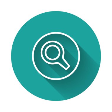 White line Magnifying glass icon isolated with long shadow background. Search, focus, zoom, business symbol. Green circle button. Vector.