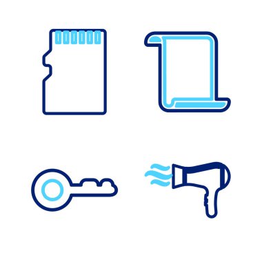 Set line Hair dryer Diamond Paper scroll and Micro SD memory card icon. Vector.