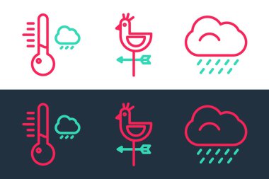 Set line Cloud with rain Meteorology thermometer and Rooster weather vane icon. Vector.