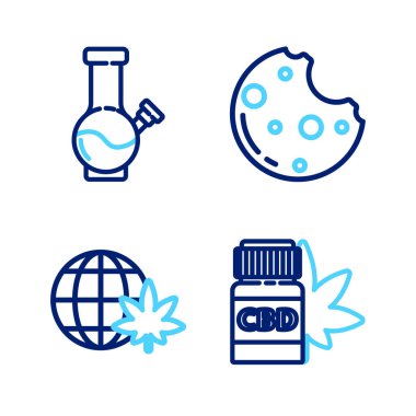 Set line Medical bottle with marijuana Legalize globe Cookies and Glass bong for smoking icon. Vector.