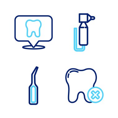 Set line Tooth with caries Dental explorer scaler drill and clinic location icon. Vector.