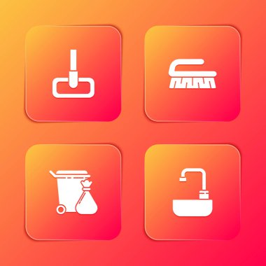 Set Mop, Brush for cleaning, Trash can and garbage bag and Washbasin with water tap icon. Vector.