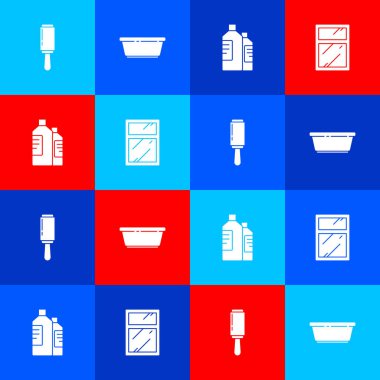Set Adhesive roller, Plastic basin, Bottles for cleaning agent and Cleaning service windows icon. Vector.