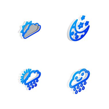 Set Isometric line Moon and stars, Sun cloud weather, Cloud with rain sun and icon. Vector.
