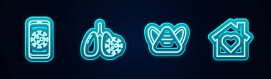 Set line Virus statistics on mobile, cells in lung, Medical protective mask and House with heart inside. Glowing neon icon. Vector.