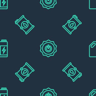 Set line Power button, Bio fuel barrel and Eco canister on seamless pattern. Vector.