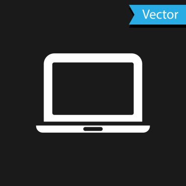 Siyah arkaplanda beyaz dizüstü bilgisayar simgesi izole edildi. Boş ekran işaretli bilgisayar defteri. Vektör.