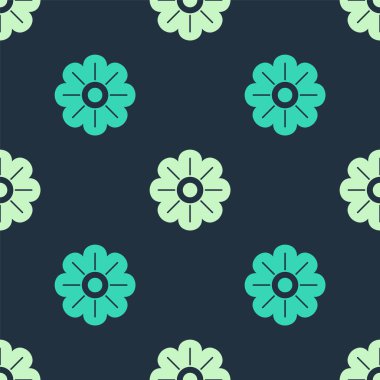 Yeşil ve bej renkli çiçek ikonu mavi arkaplanda izole edilmiş pürüzsüz desen. Vektör.