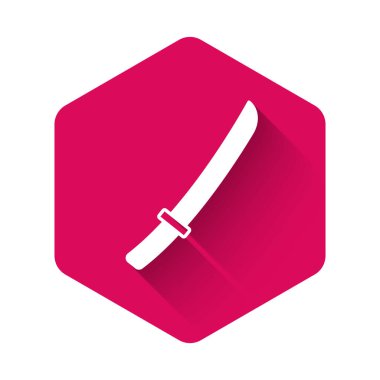 White Traditional Japanese katana icon isolated with long shadow background. Japanese sword. Pink hexagon button. Vector.