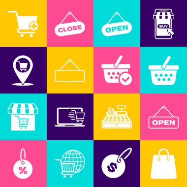 Set Handbag Hanging sign with Open door Shopping basket Signboard hanging Location shopping cart Add to and check mark icon. Vector.