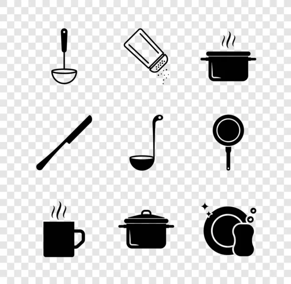 Set Kitchen Ladle Salt Pepper Cooking Pot Coffee Cup Washing — стоковый вектор