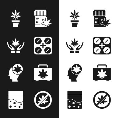 Set Medical pills with marijuana Marijuana or cannabis leaf plant bottle Head Shopping box of Stop and Plastic bag icon. Vector.