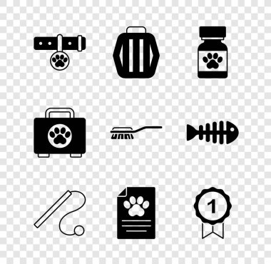 Set Collar with name tag Pet carry case Medicine bottle and pills cat toy Clinical record pet Dog award symbol first aid kit and Hair brush for dog icon. Vector.