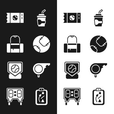 Set Baseball ball Sport bag ticket Paper glass with water base Whistle Planning strategy and mechanical scoreboard icon. Vector.