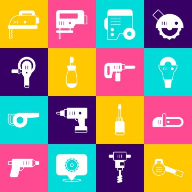 Set Leaf garden blower Chainsaw Angle grinder Power electric generator Screwdriver Electric jigsaw and drill machine icon. Vector.