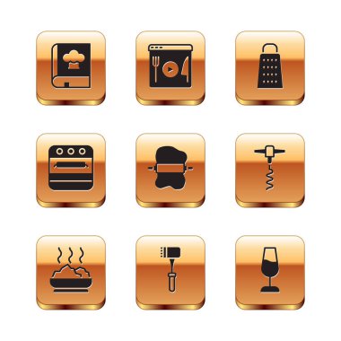 Set Cookbook Bowl of hot soup Kitchen hammer Rolling pin on dough Oven Grater Wine glass and Cooking live streaming icon. Vector.