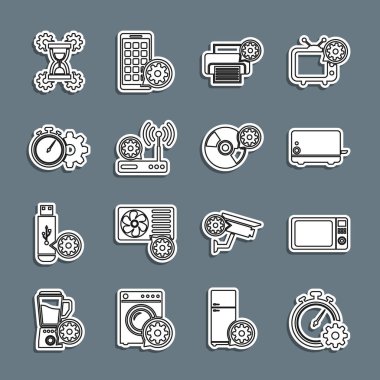 Set line Time management setting Microwave oven Toaster Printer Router and wi-fi Hourglass and CD or DVD disk icon. Vector.