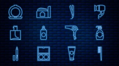 Set line Hairbrush Bottle of liquid soap Curling iron Spray can Perfume Makeup powder with mirror dryer and Cream cosmetic tube icon. Vector.