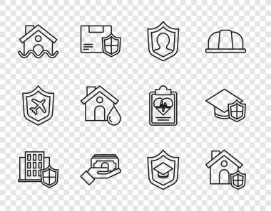 Set line House with shield Life insurance Stacks paper money cash flood Graduation cap and icon. Vector.
