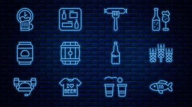 Set line Dried fish Wheat Sausage on the fork Wooden barrel Beer can Happy hour Plastic beer bottle and menu icon. Vector.