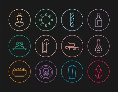 Set line Corn Mexican guitar Cigar Tequila glass with lemon sombrero man and Sun icon. Vector.