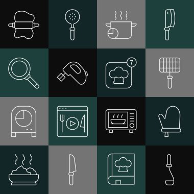 Set line Kitchen ladle Oven glove Barbecue steel grid Cooking pot Electric mixer Frying pan Rolling pin on dough and Chef hat icon. Vector.
