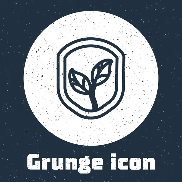 Grunge Line Shield Leaf Icon Isolated Grey Background Eco Friendly — Stockvektor