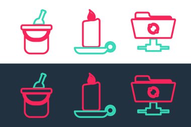 Set line FTP sync refresh Bottle of wine in bucket and Burning candle candlestick icon. Vector.