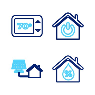 Set line House humidity with solar panel Smart home and Thermostat icon. Vector.
