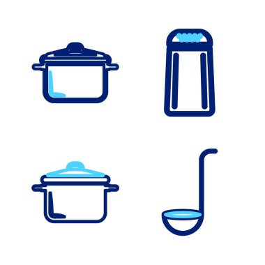 Set line Kitchen ladle Cooking pot Salt and pepper and icon. Vector.