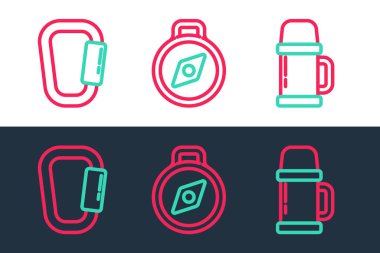 Set line Thermos container Carabiner and Compass icon. Vector.