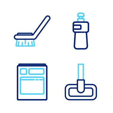 Set line Mop Kitchen dishwasher machine Dishwashing liquid bottle and Brush for cleaning icon. Vector.