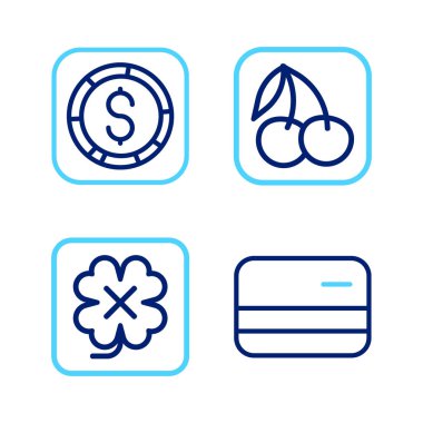 Set line Credit card Casino slot machine Slot with cherry and Coin money dollar icon. Vector.