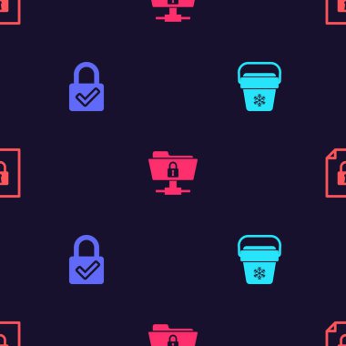Set Cooler bag, Lock and check mark, FTP folder lock and Document on seamless pattern. Vector.