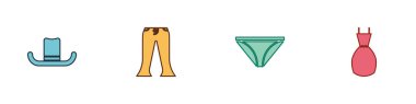 Set Man hat, Pants, Men underpants and Woman dress icon. Vector.