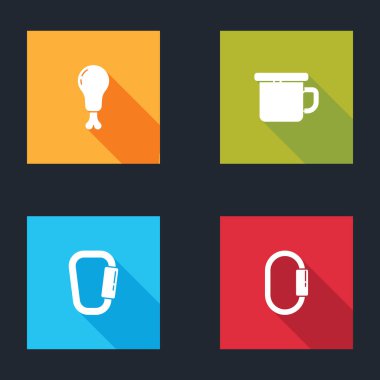 Set Chicken leg, Camping metal mug, Carabiner and icon. Vector.