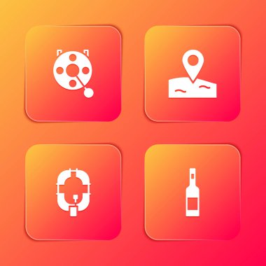 Set Spinning reel for fishing, Location, Inflatable boat and Bottle of vodka icon. Vector.