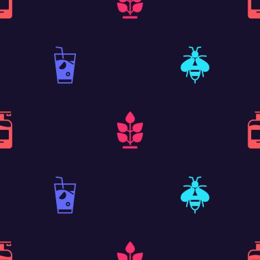 Set Bee, Fresh smoothie, Plant and Bottle of liquid soap on seamless pattern. Vector.