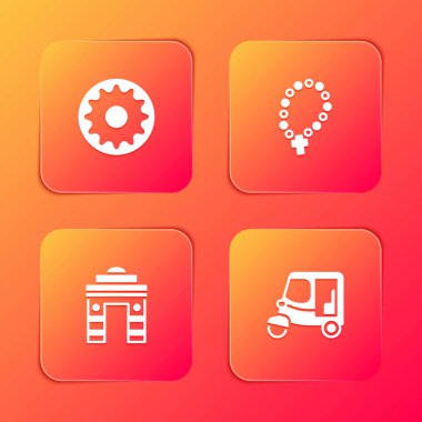 Set Chakra, Rosary beads religion, India Gate in Delhi and Taxi tuk tuk icon. Vector.
