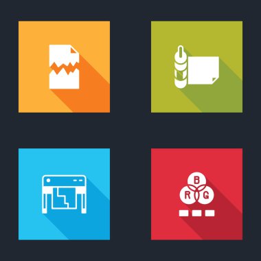 Set Torn document, Roll of paper, Plotter and RGB color mixing icon. Vector.