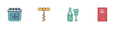 Set Saint Patricks day calendar, Wine corkscrew, Beer bottle and glass and menu icon. Vector.