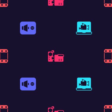 Set Online play video, Speaker mute, Cinema camera and Play on seamless pattern. Vector.