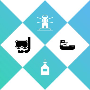 Set Diving mask and snorkel Rum bottle Lighthouse and Cargo ship icon. Vector.