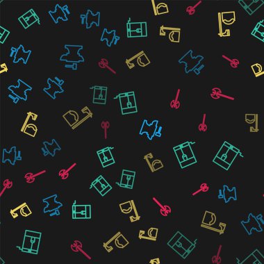 Set line Anvil for blacksmithing hammer, Well with bucket, Executioner axe tree block and Medieval on seamless pattern. Vector.