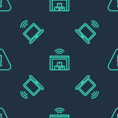 Set line Smart warehouse, Wireless laptop and Exclamation mark in triangle on seamless pattern. Vector.