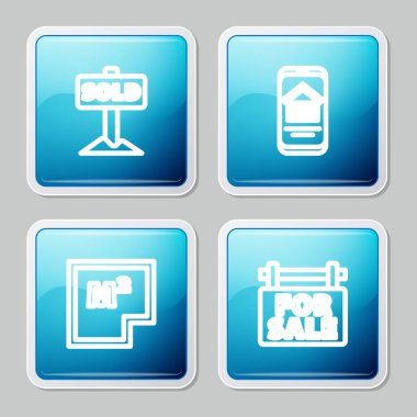 Set line Hanging sign with text Sold, Online real estate house, House plan and For Sale icon. Vector.