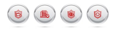 Set line Piggy bank with shield, Fire in burning house, Shield dollar and Health insurance. Silver circle button. Vector.