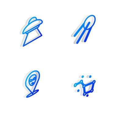 Set Isometric line Satellite, UFO flying spaceship, Alien and Great Bear constellation icon. Vector.