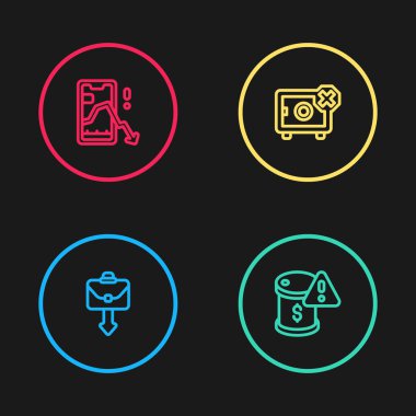 Set line Briefcase, Drop in crude oil price, Safe and Mobile stock trading icon. Vector.