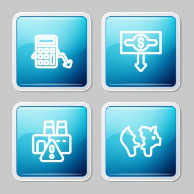 Set line Calculation of expenses, Dollar rate decrease, Shutdown factory and Broken piggy bank icon. Vector.